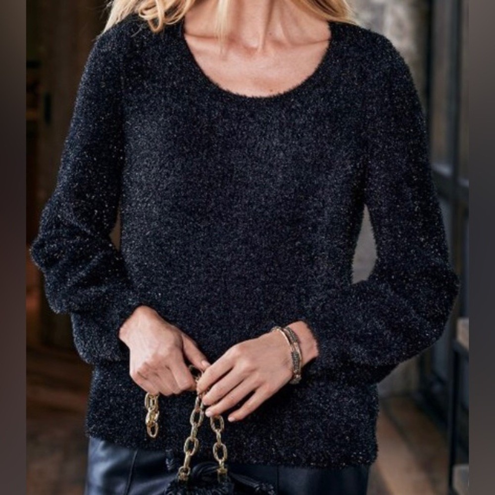 NWT Soft Surroundings Ciara‎ Sparkle Sweater Black Scoop Neck Fuzzy Knit Sz Med
